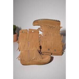 Minnetonka Kids Triple Fringe Suede Boots | Size 12 | Tan | Boho Western Style